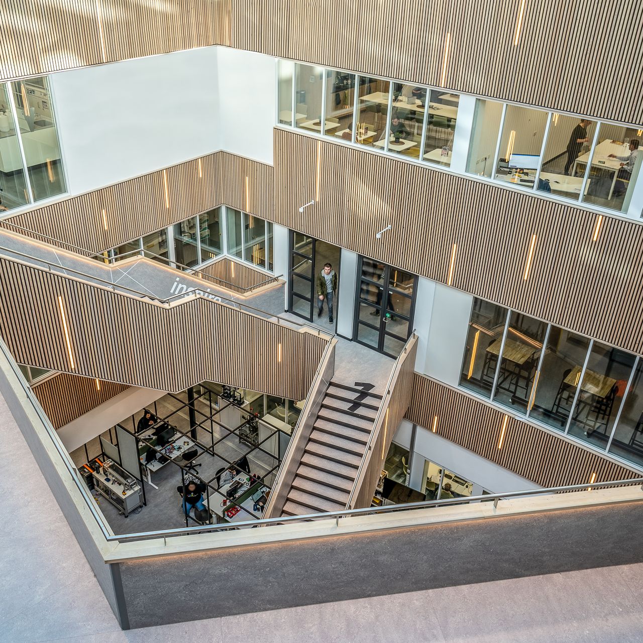 Daylight across the connected floors and timber stairways of an office atrium