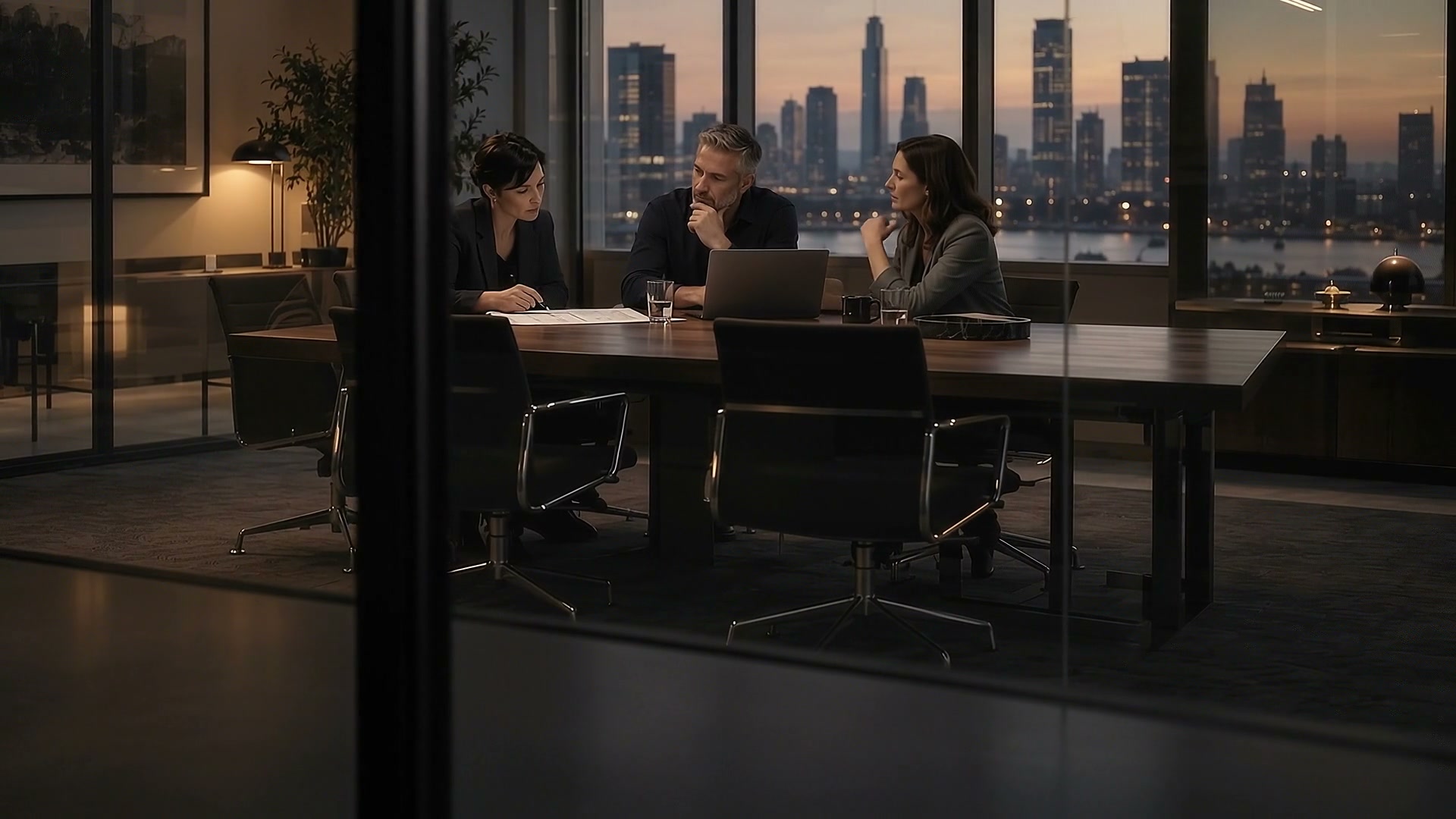 An integration team discussing its next steps in a glass-walled meeting room at dusk